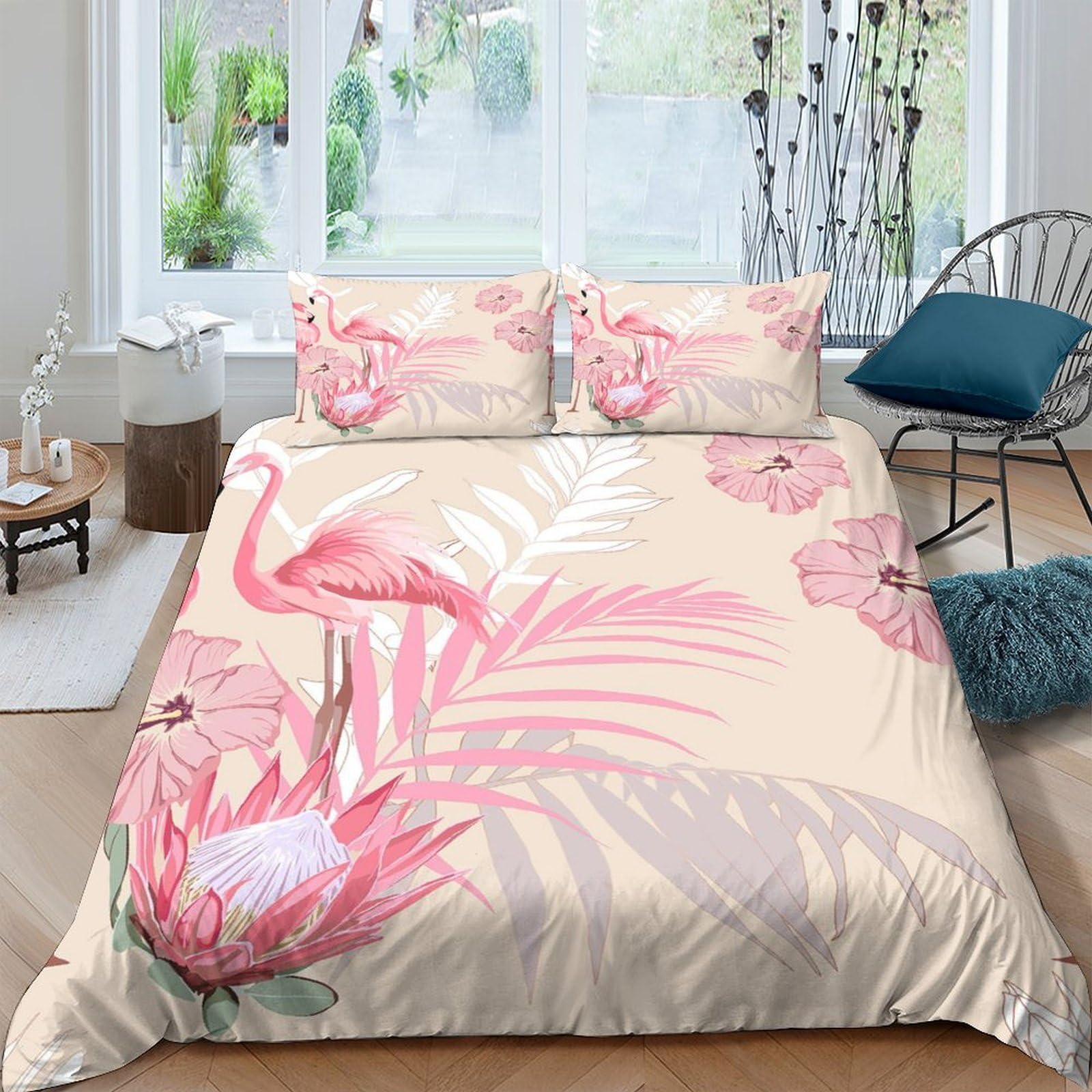 GPLZQXKJNH 3D Printed Pink Flamingo Duvet Cover Microfiber Soft Breathable Tropical Flowers Bedding Set with 2 Pillowcases for Bedroom Decor, Single（135x200cm）