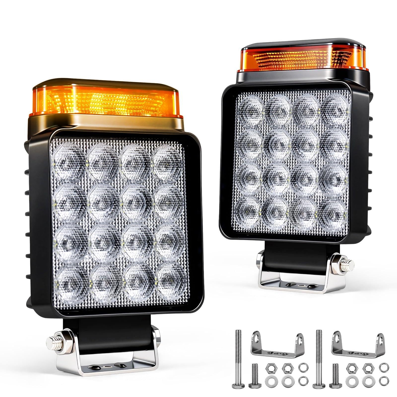 2x Faros de Trabajo LED con Luz de Advertencia (10 Modos), 18W 12V 24V Foco Adicional para Tractor, Camión y Excavadora, IP68 Impermeable y Resistente al Barro, 2 en 1 Luz de Marcha Atrás