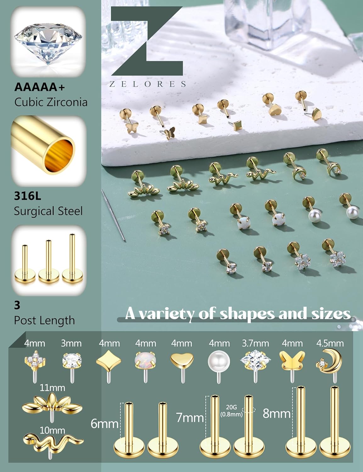 20G/16G Threadless Flat Back Earrings for Women 316L Surgical Steel Push in CZ Cartilage Stud Earrings Hypoallergenic Nose Rings Studs Conch Tragus Body Piercing Jewelry 6mm 7mm 8mm Length - Image 4