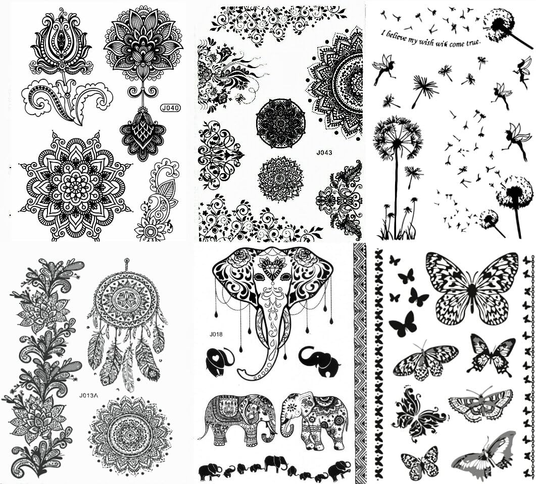 Black Henna Body Paints Temporary Tattoo Designs (Pack of 6 Sheets)