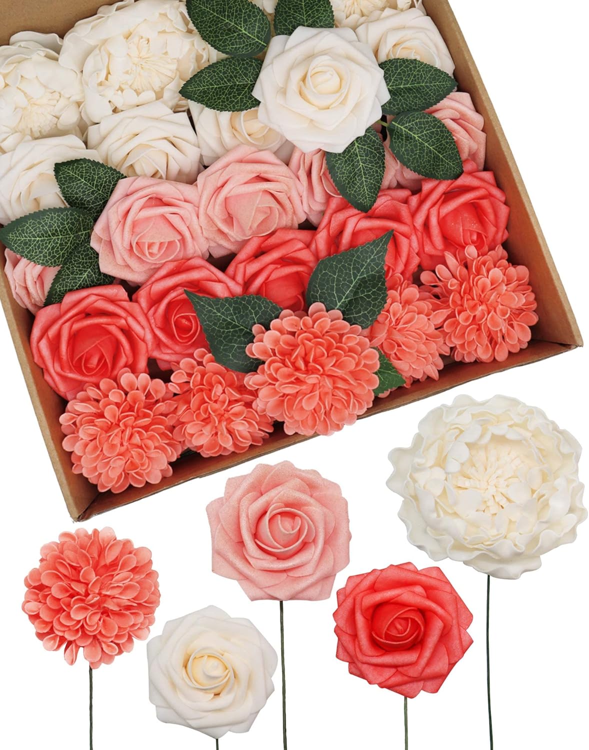 D-Seven Artificial Flowers Living Coral Flowers Combo Foam Flowers with Stem for DIY Wedding Bouquets Centerpieces Floral Arrangements Bridal Shower Baby Shower Party Home Decor