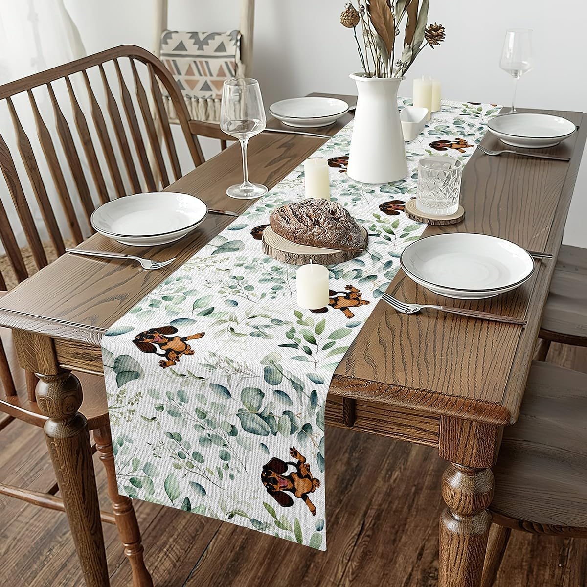 Erosebridal Girls Kawaii Animal Table Runner 13X120,Cute Dachshund Table Runners,Kids Cartoon Dog Rectangular Runner,Green Botanical Leaf Dresser Runners for Dining Living Room Bedroom