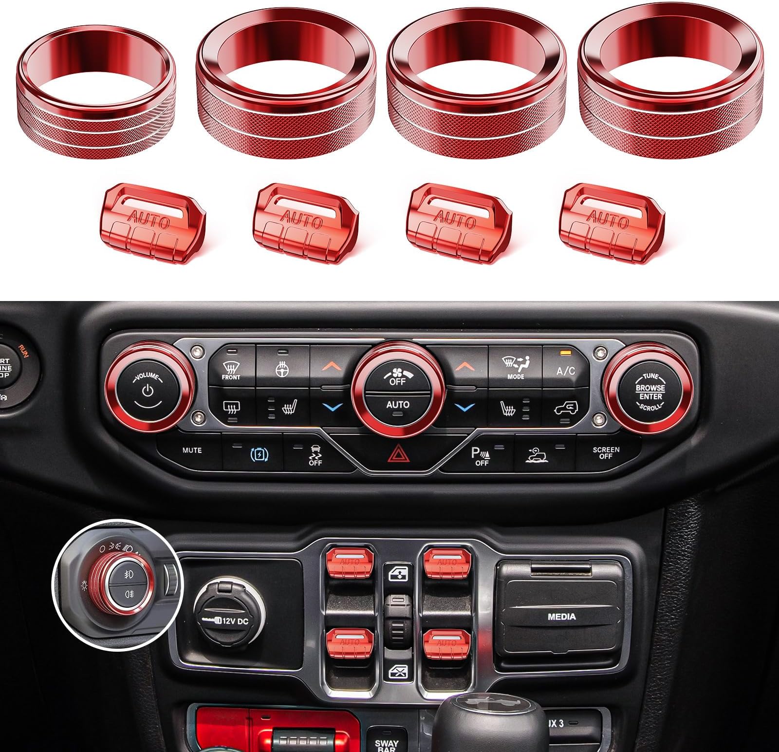 DIAMOOKY 8PCS Metal Button Knob Cover for Jeep Wrangler JL JLU 2018-2025 2026 & Gladiator JT Accessories Window Switch Button Cover Volume Radio Air Conditioner Headlight Switch Knob Cover (Red)