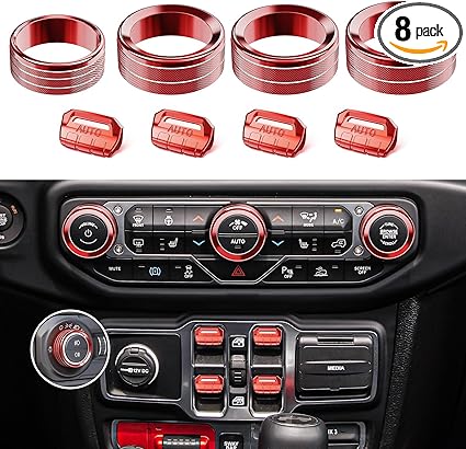 8PCS Metal Button Knob Cover for Jeep Wrangler JL JLU 2018-2025 & Gladiator JT Accessories Window Switch Button Cover Volume Radio Air Conditioner Headlight Switch Knob Cover (Red)