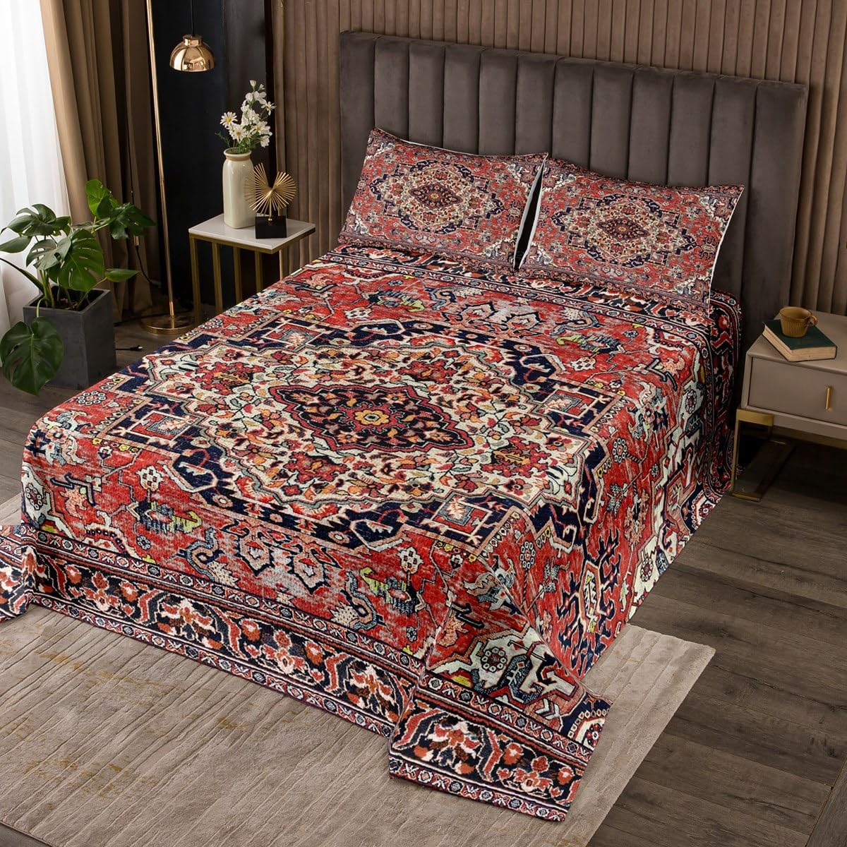 Erosebridal Retro Floral Quilt King Tribal Exotic Bedspread Boho Burgundy Fashion Retro Red Yellow Coverlet Vintage Bohemian Bedroom Decor Fashion Quilted for Women Men
