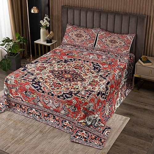 Colcha geométrica bohemia, tamaño Queen, exótica, color rojo, azul, celosía, tribal, colcha retro india floral para dormitorio, decoración vintage