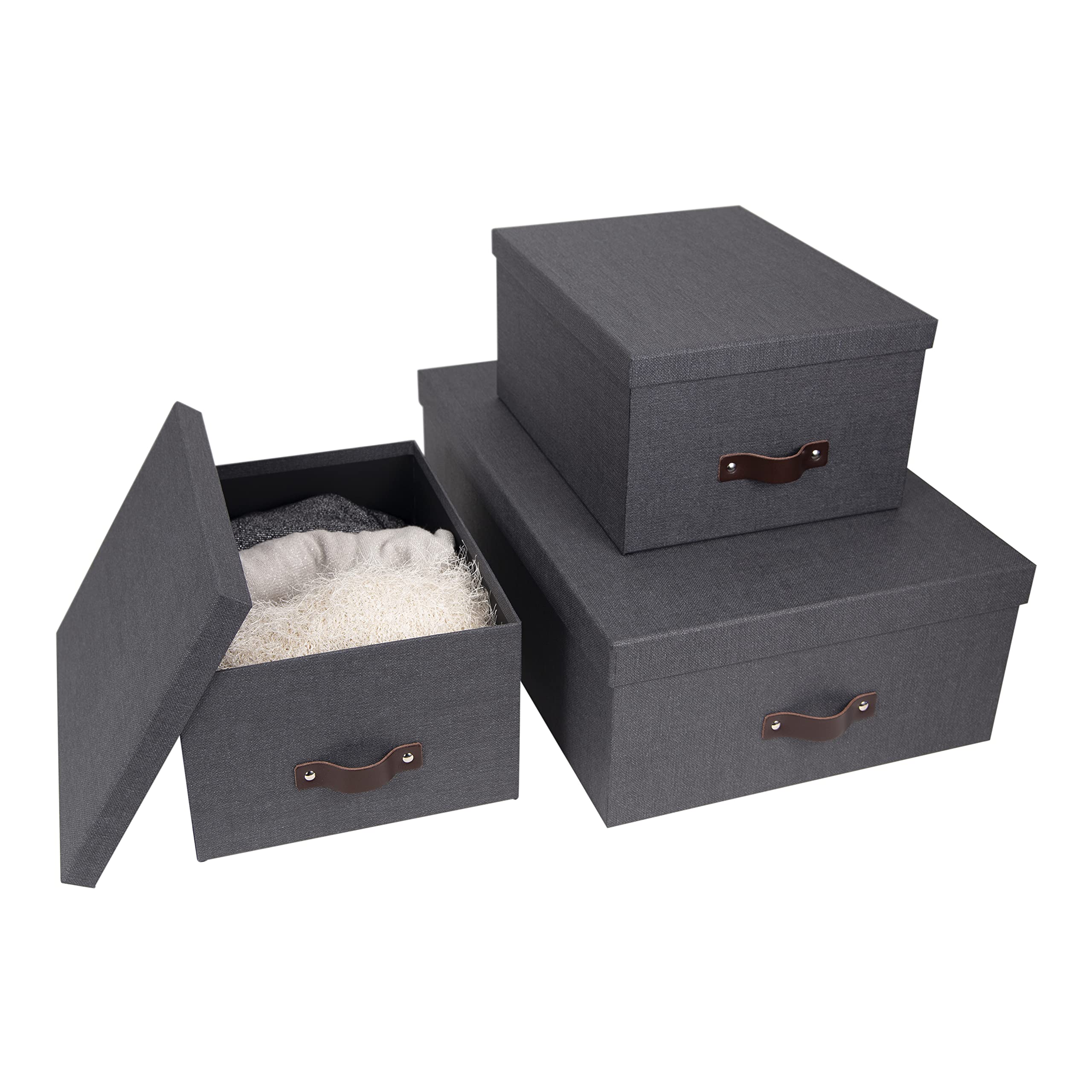 Bigso Box of Sweden INGE Set van 3 opbergdozen voor slaap-, kinder-, werk- of badkamer, opbergbox met deksel, opbergkisten in linnenlook, grijs