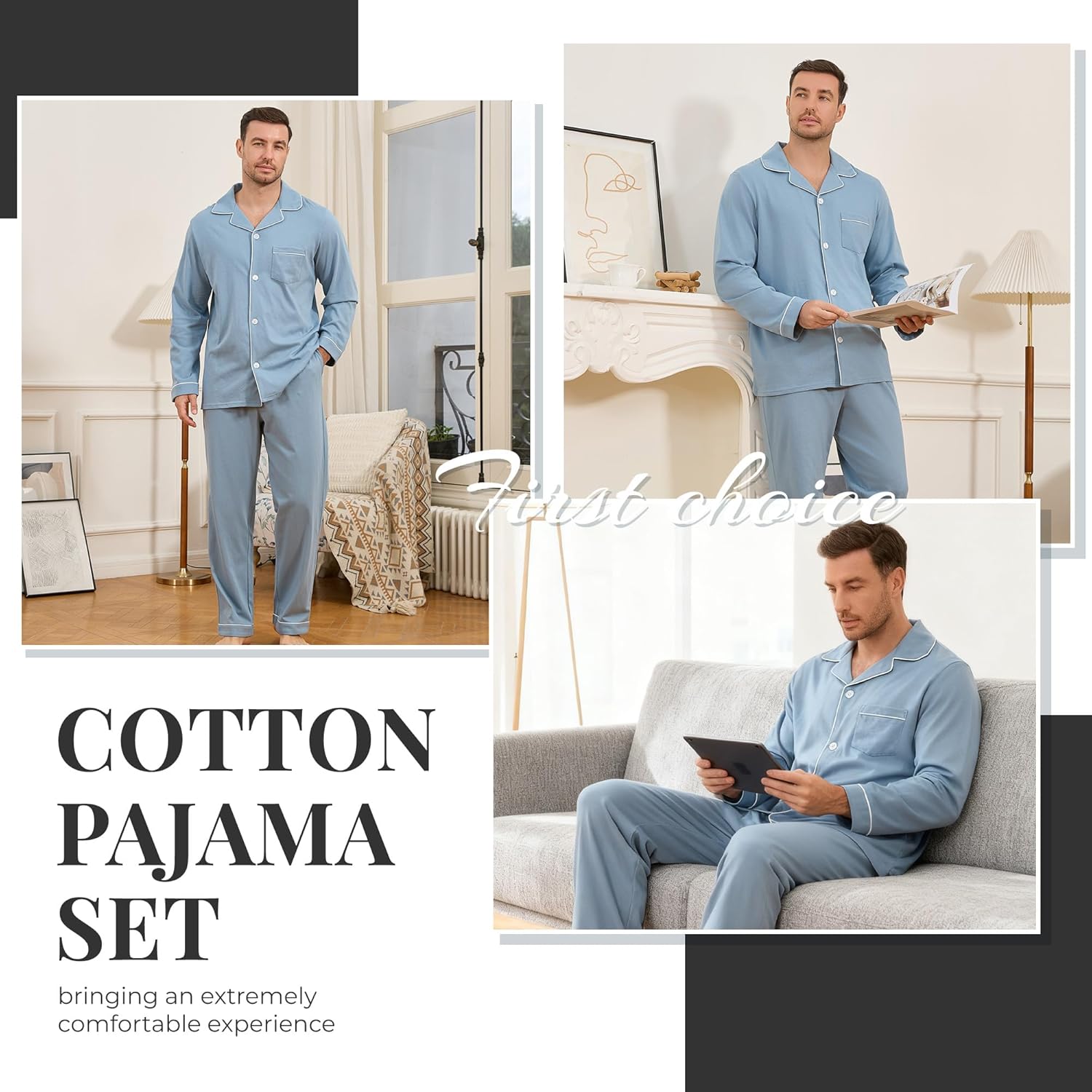 U2SKIIN Mens Cotton Pajama Set, Soft Long Sleeve Pajamas for men Lightweight Button Up Sleepwear Lounge Pjs Set with Pockets - Image 5