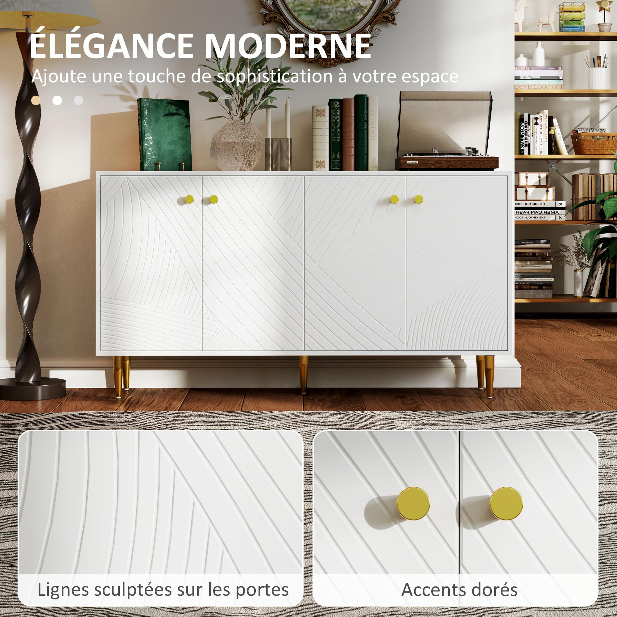 HOMCOM Buffet Salon Meuble Style Moderne Placards 140 x 35 x 77,5 cm Blanc