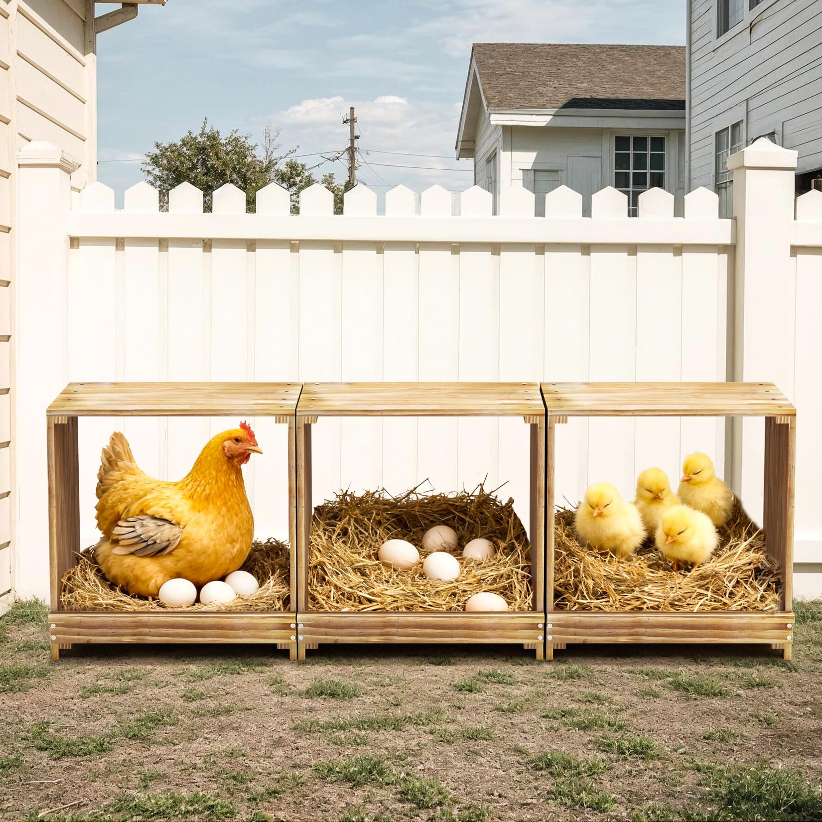 BingoPaw Ponederos para Gallinas de Pino 105x30x36cm, Gallinero para Exterior 3 Gallinas hasta 3.5 Kilos, Gallinero Madera Impermeable Resistente a la Humedad Duradero, Nidal de 3 Huecos