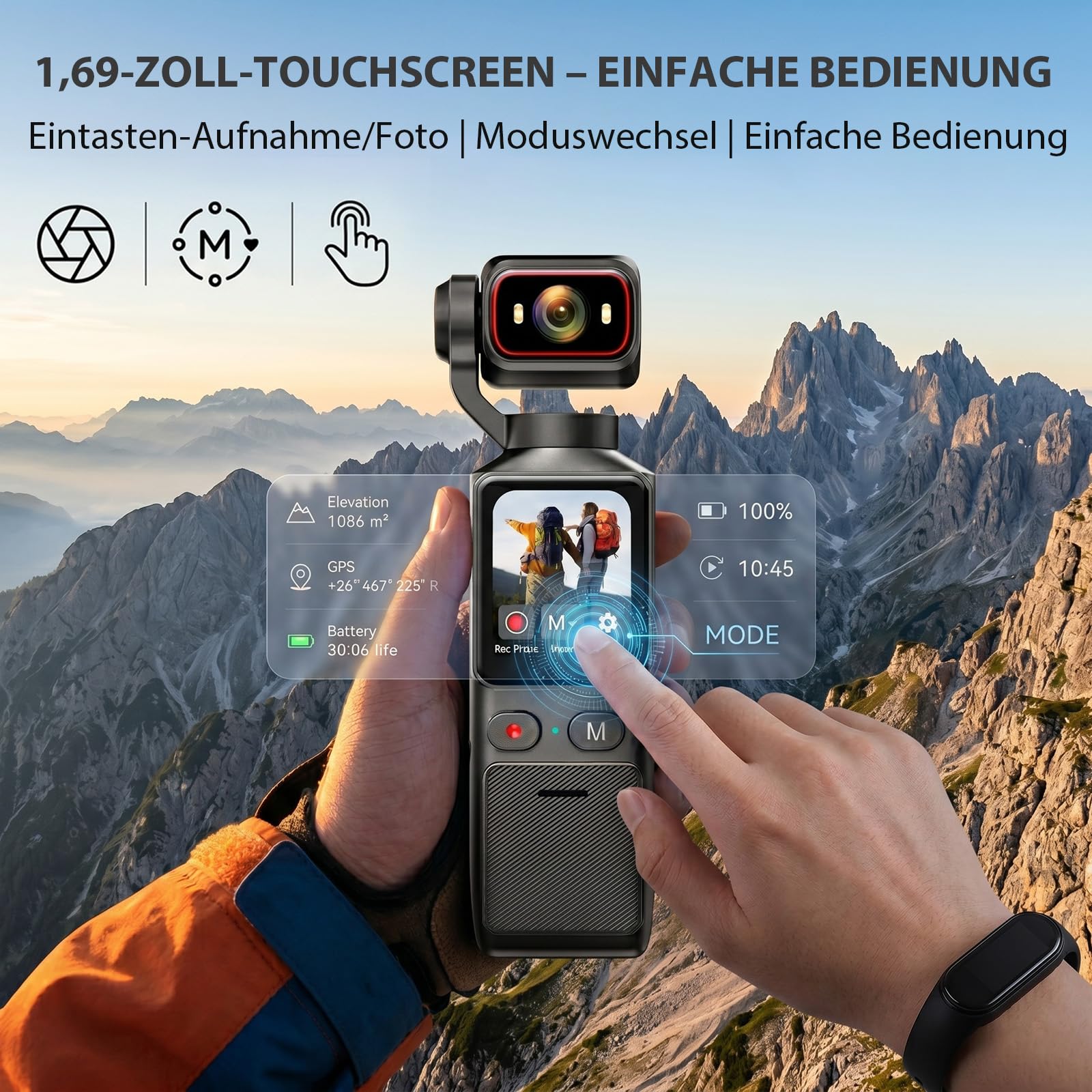 4K Körperkamera POV Vlogging Kamera Taschen Bodycam 180° drehbarem Objektiv, 1,69" Touchscreen, EIS Stabilisierung, Body Camera für Sport Vlogging Radfahren Camping