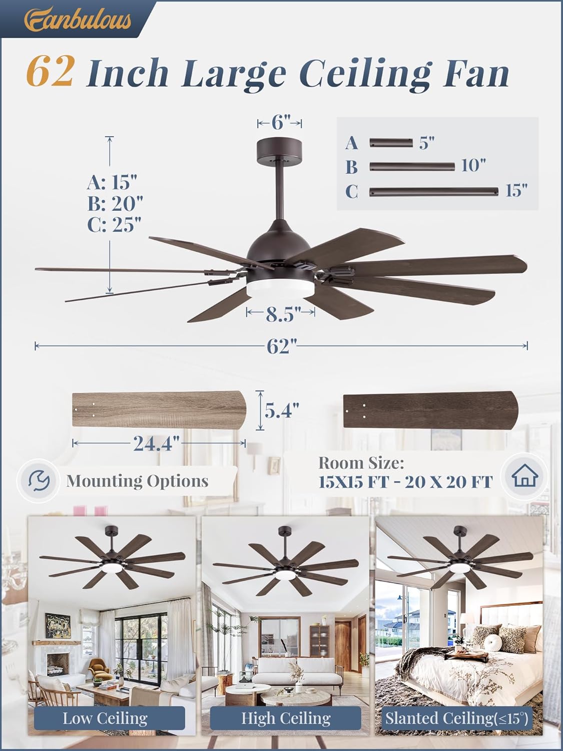 Fanbulous 62 Inch Ceiling Fans with Lights, Oil Bronze Modern Ceiling Fan with Remote,Large Farmhouse Indoor & Outdoor Ceiling Fan with 8 Dual Finish Blades, Quiet DC Motor, Bright LED Light