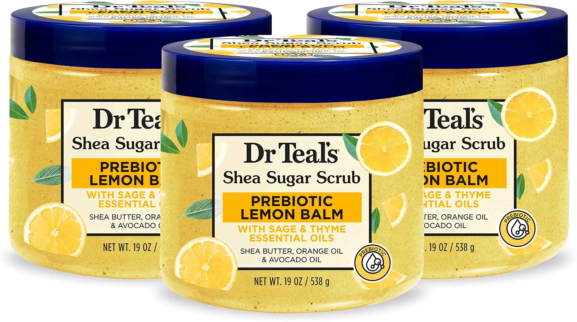 Dr Teal's Shea Sugar Scrub, Prebiotic Lemon Balm, 19 oz (Pack of 3) (Packaging May