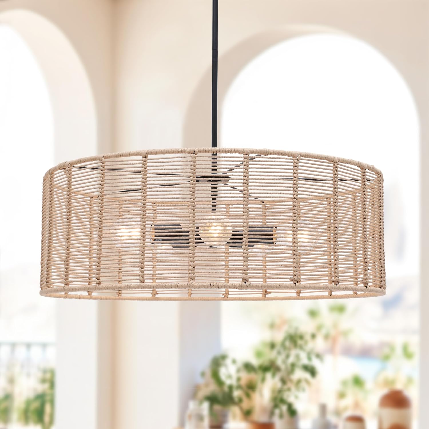 KSANA Boho Rattan Chandelier, 26" Vintage Farmhouse 5-Light Handwoven Wicker Drum Pendant Light, Large Black Rattan Dining Room Chandelier for Kitchen Island, Living Room, Entryway