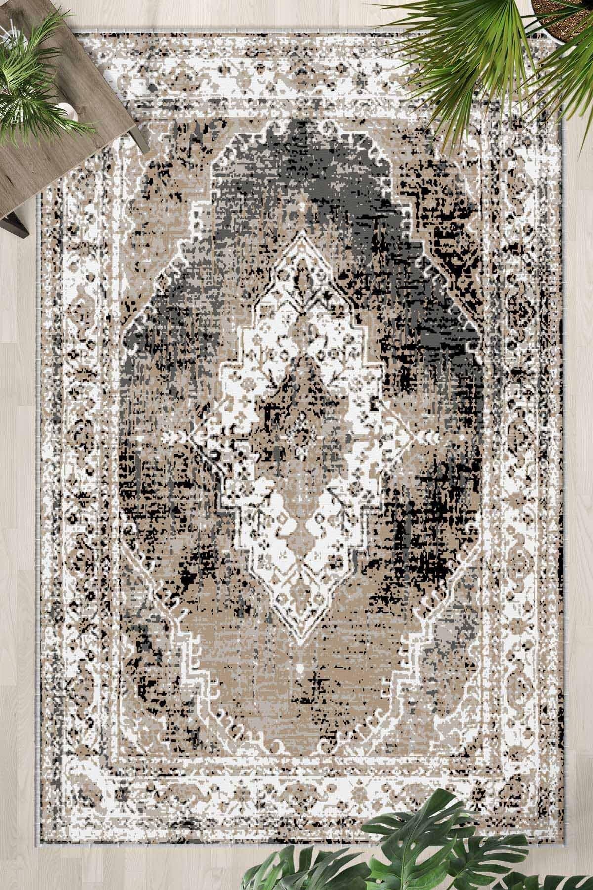 Monnhein Bej Halı 1080 - Yıkanabilir, Kaymaz Taban, Dijital Baskılı, Leke Tutmaz, İnce Hav, Modern Salon, Oturma Odası, Yatak Odası ve Mutfak için Dekoratif Halı