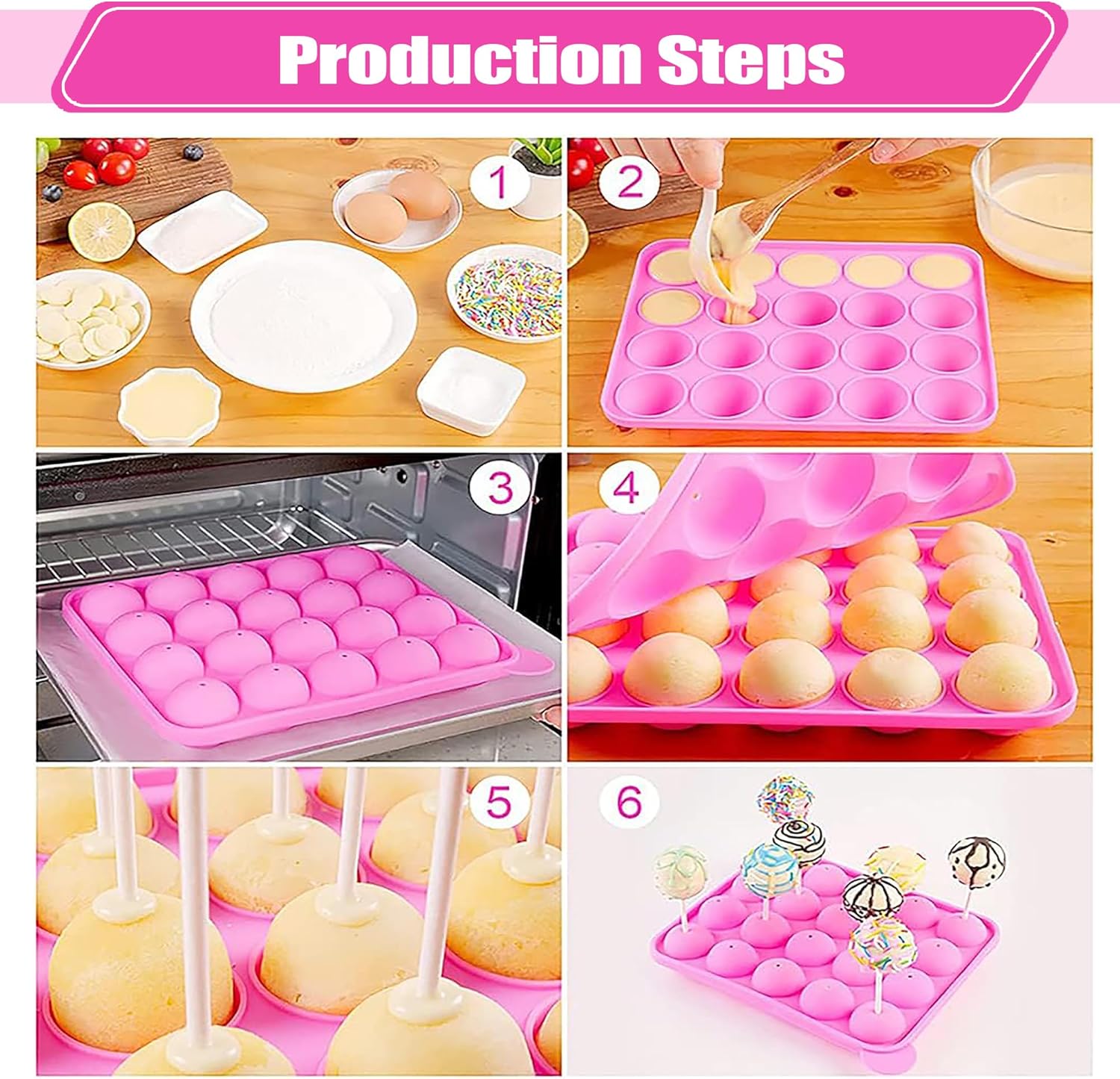 Silicone Cake Pop Mold + 120 Sticks, Easter BPA Free Baking Mold for Candy Chocolate Lollipop Dessert Cupcake Cooker - Pink