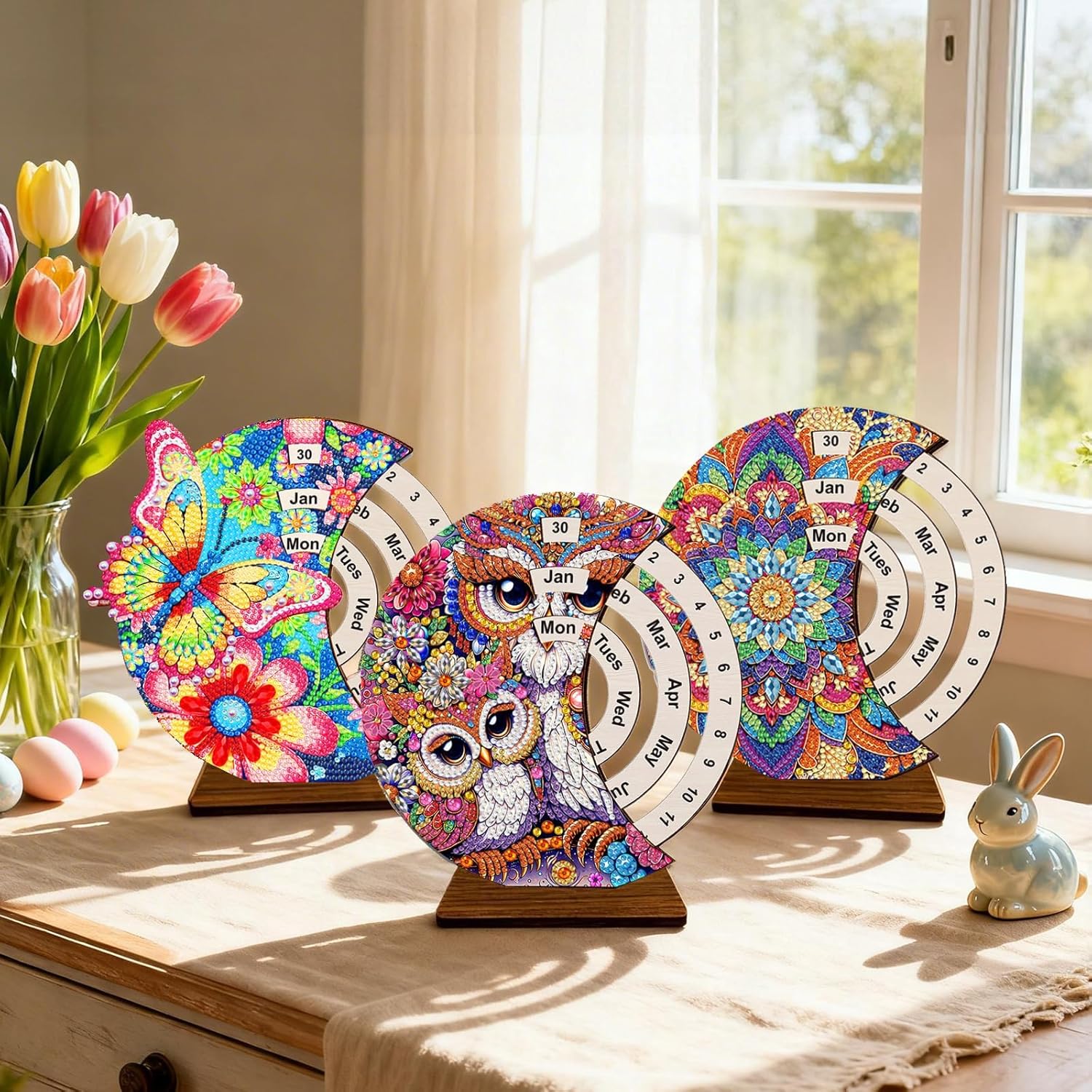 CharySim 3D Diamond Art Wooden Perpetual Calendar Kits for Adults Mother’s Day Gifts Painting Accessories Gem Tools Crystral dots Paint for Home Desktop Stand (Mandala&Owl&Sunflower 3)