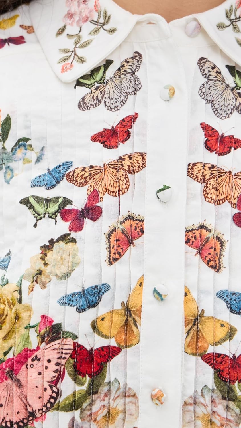 alice + olivia Women's Rosie Embroidered Puff Sleeve Cropped Button Down Blouse