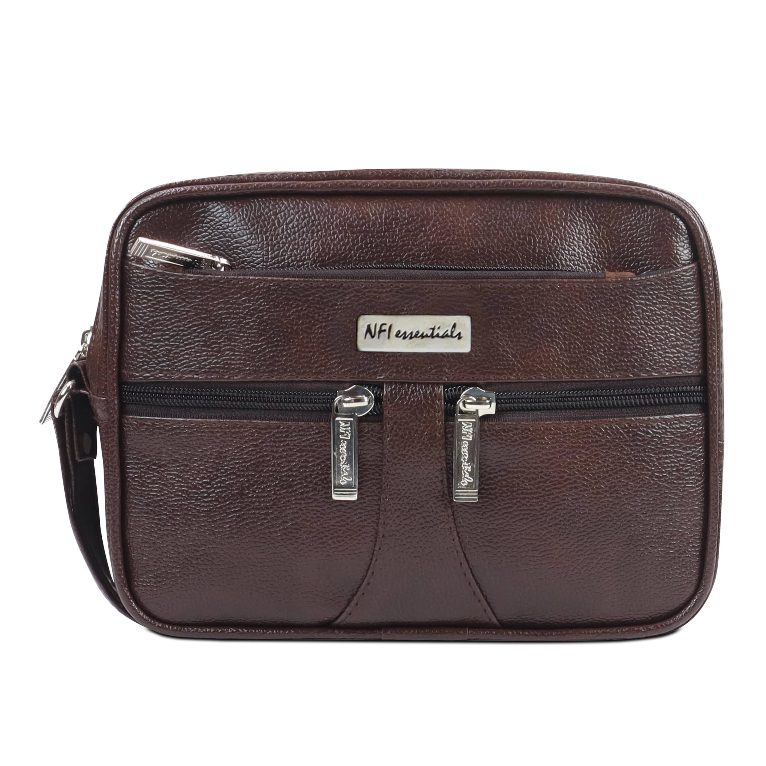 nfi essentials Mens Multipurpose Leather Travel Pouch for Carrying Money Cash Pouch Wrist Handbag With Wrist Belt Convenient Travel Organizer (Brown)-picture-4