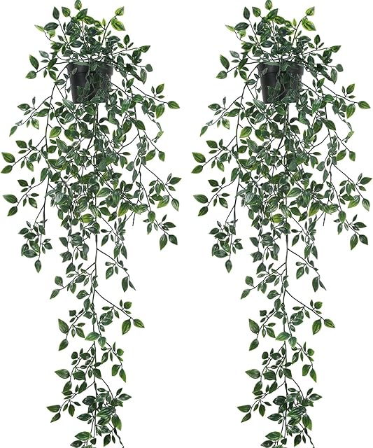 LUWENER Artificial Hanging Plants, 2 Pack Fake Hanging Plants with Pot, Greenery Faux Ivy Decor, Fake Potted Plants for Indoor Outdoor Aesthetic Office Living Room Shelf Decor (Green)