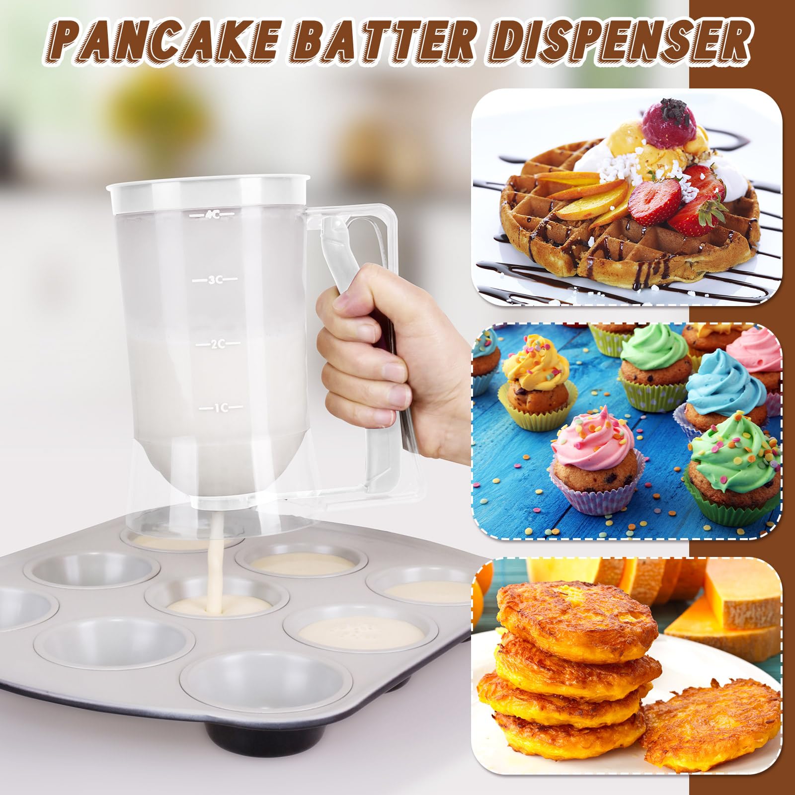 FillTouch 2 dispensadores de masa para panqueques con mango de compresión para parrilla, dispensador de mezcla, panqueques para hornear, cocina, cupcakes, galletas, gofres (blanco)