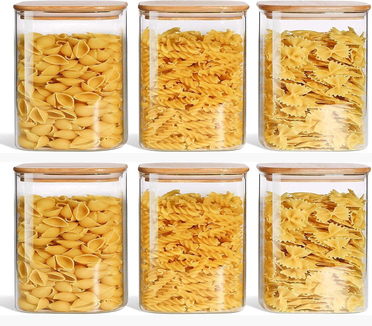 Jinelza Square Wooden Lid, Glass Jar Food Storage Containers Set, Airtight Food Jars with Kids Kitchen Canisters for Sugar, Candy, Cookie, Rice and Spice Jars (800ML SQUARE JAR, 6 PCS) Transparent