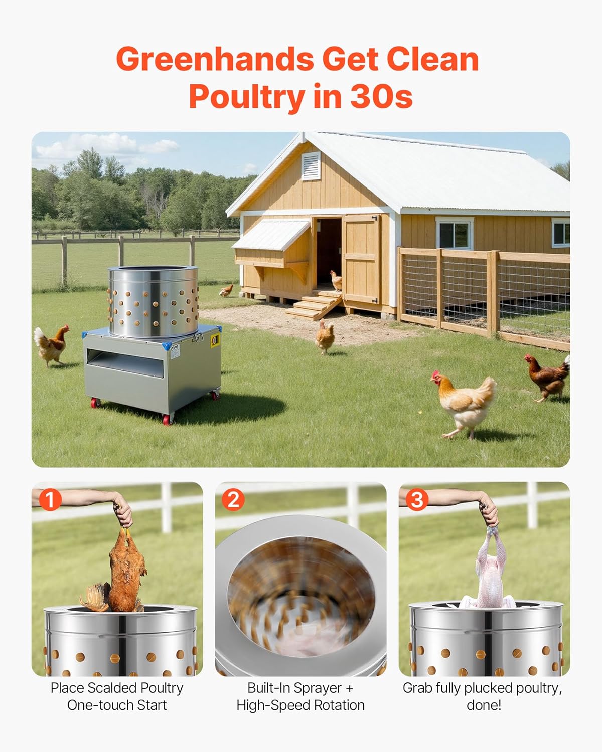 Three-step operation guide for the VEVOR Chicken Plucker Machine.