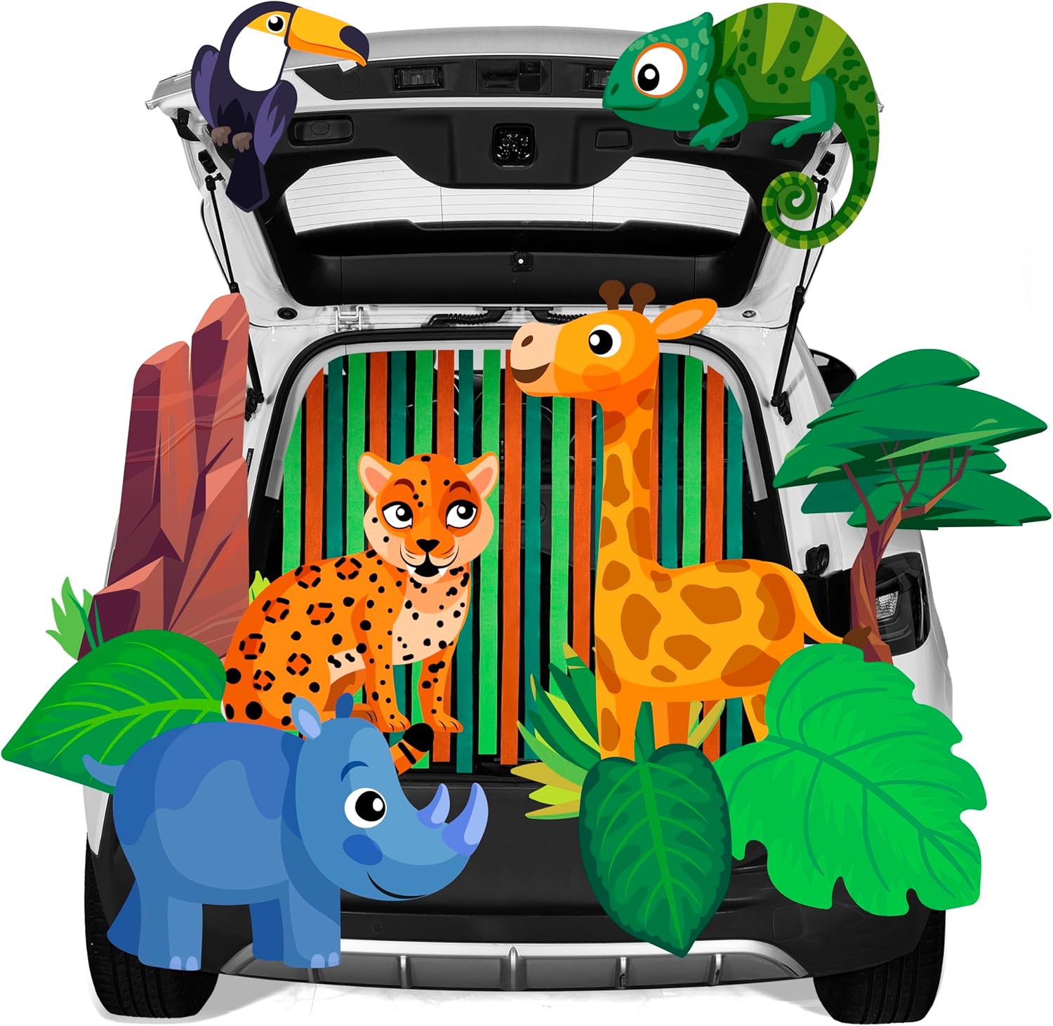 JOYIN Halloween Trunk or Treat Decorations Kit Jungle Theme with Rhinoceros, Giraffe, Parrot, Chameleon, Cheetah, etc Zoo Animal Car Decorations Kit for Outdoor SUV Garage Archway Door House