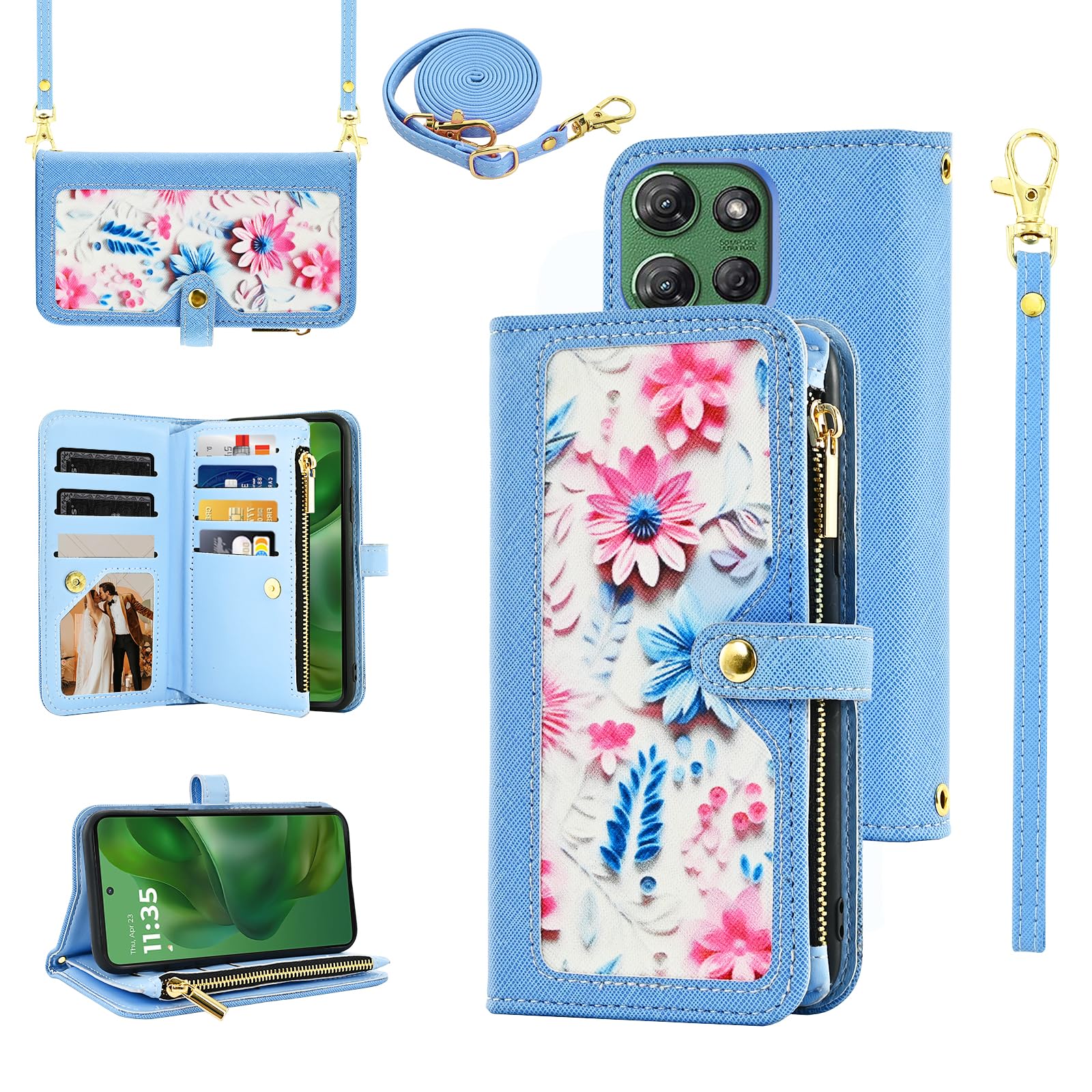 Furiet Floral Wallet Case for Motorola Moto G Power 5G 2025 with Wrist/Shoulder Strap Flip Zipper Purse, Luxury PU Leather Credit ID Card Holder Stand