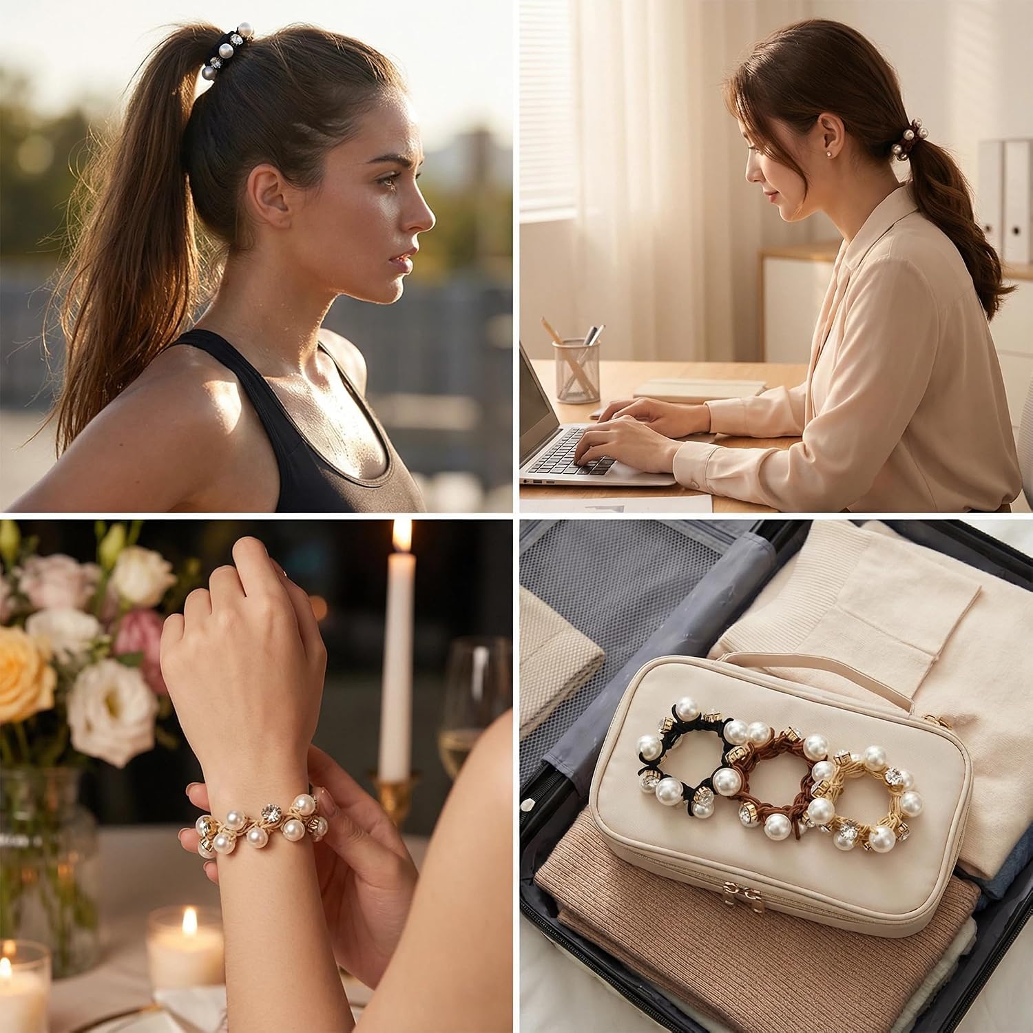 30 Packs Hair Scrunchies Set, Pearl & Crystal Hair Ties with 3 Colors (Black/Brown/Champagne Gold), Elegant Braided Elastic Hair Bands for Women, Suitable for Daily Work Party Hair Accessories