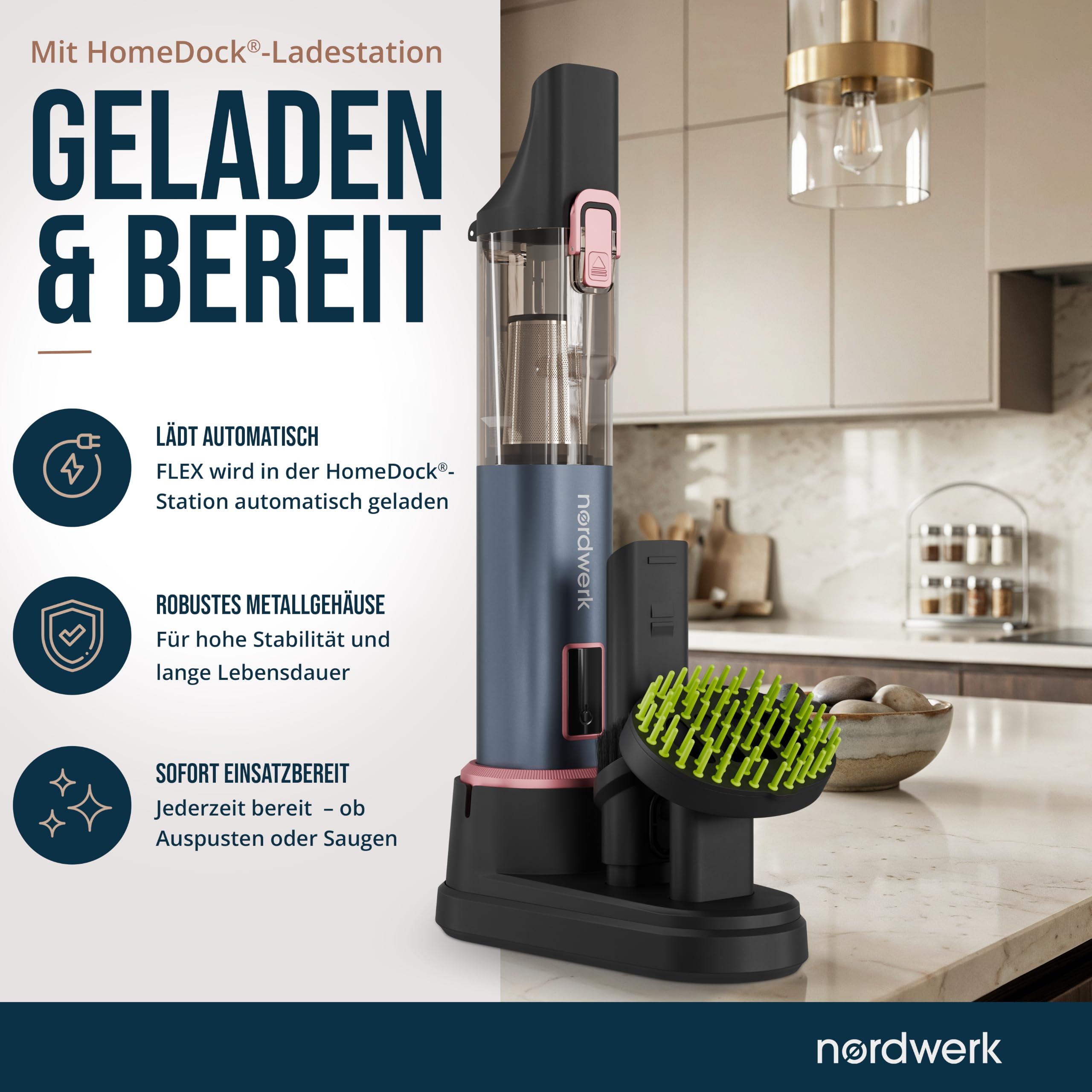Akku Handstaubsauger Nordwind Flex für Haushalt & Auto, kabellos | starker Mini Staubsauger mit HomeDock® Ladestation, DeepReach Cleaning System®, Bürste für Tierhaare & Extra-Zubehör