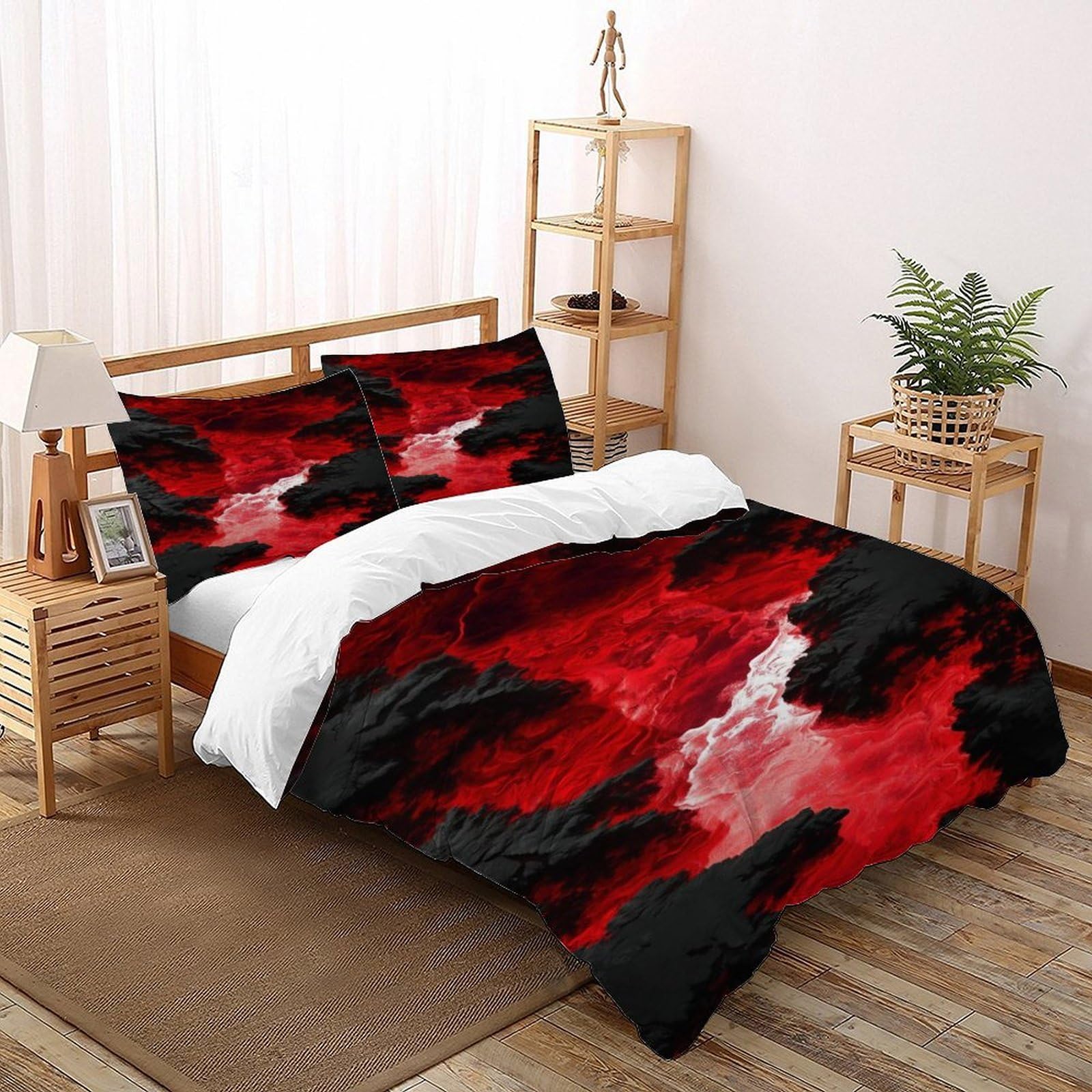 Housse de couette double 200x200 imprimé végétal rouge noir et ses taies