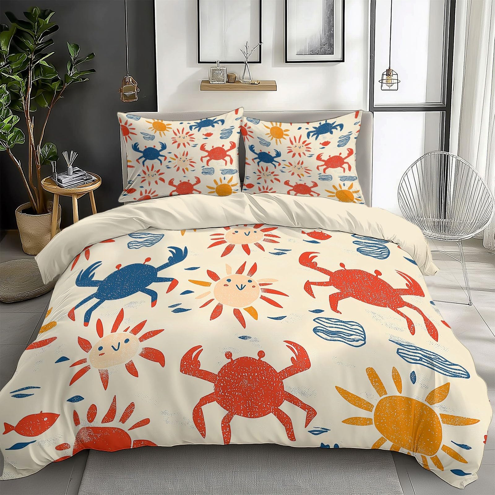 Komplet pościeli 200 x 220 cm, 3-częściowy zestaw pościeli z motywem graficznym, wzór słoneczny, mikrofibra, beżowa, miękka i przyjemna poszewka na kołdrę z zamkiem błyskawicznym + 2 poszewki na