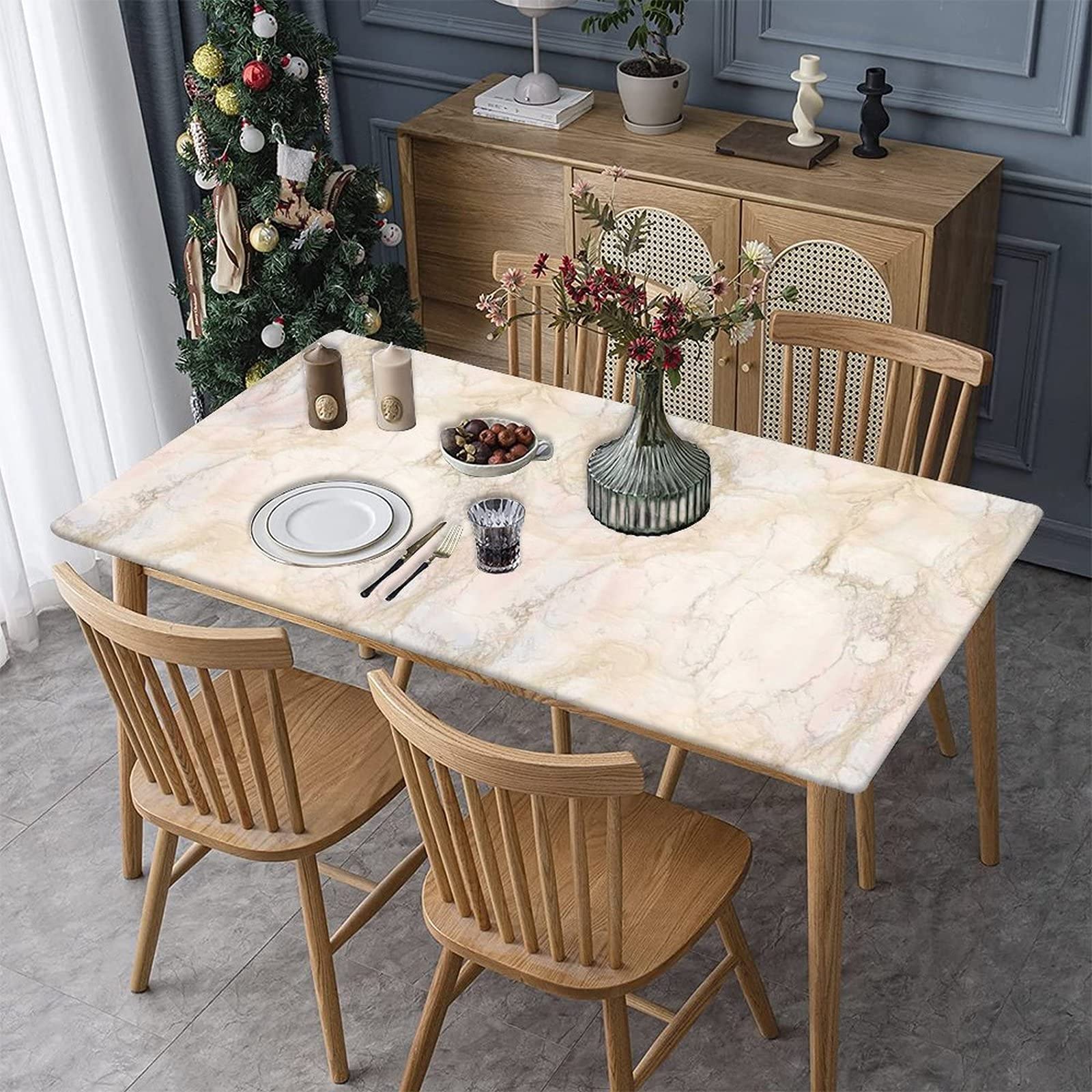 Marble Elastic Fitted Polyester Tablecloth, 36