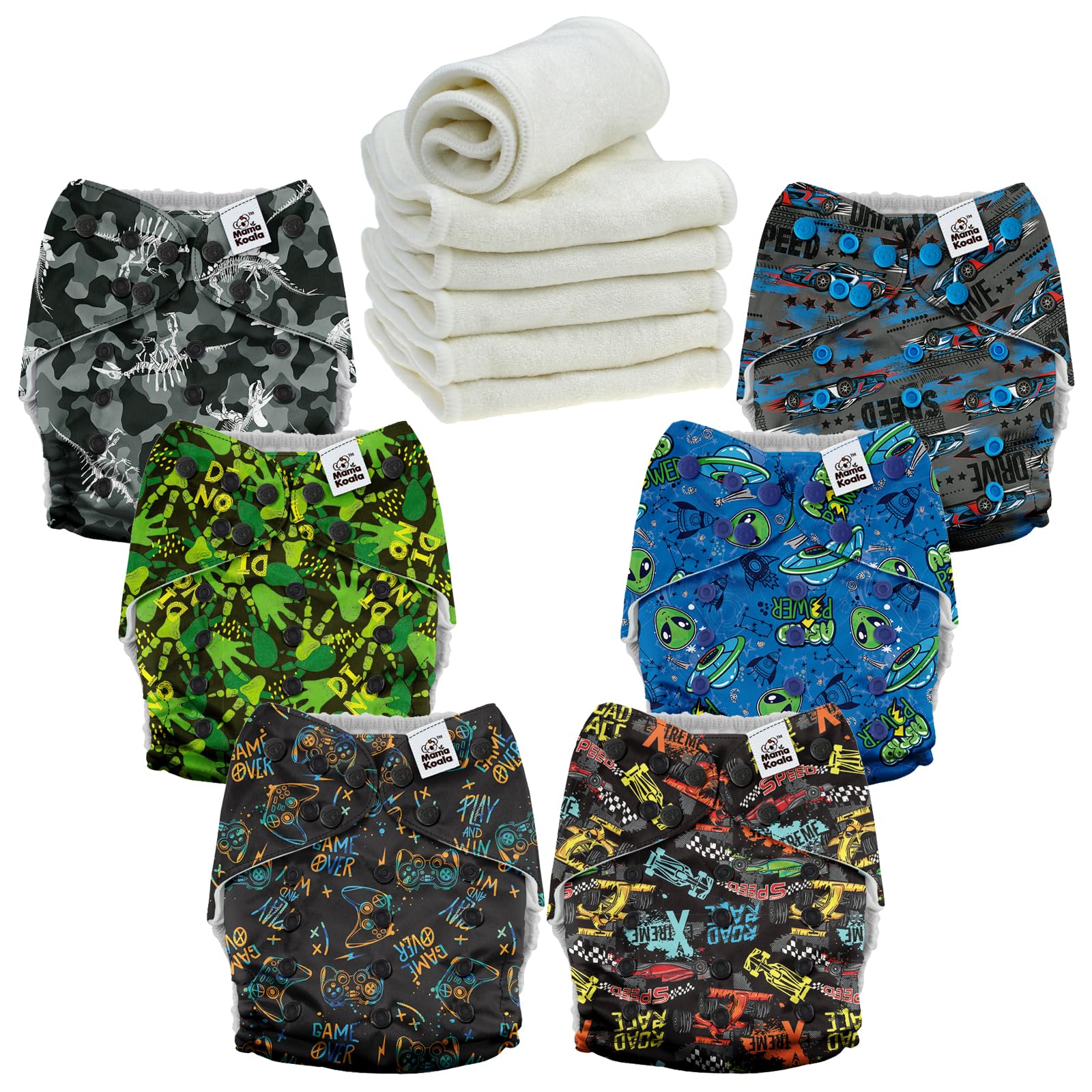 Mama Koala 6 Pack Reusable Cloth Diapers 3.0 for Babies Girls Newborn, One-Size Adjustable Baby Diaper, Durable Stitching, Back Opening for Inserts, Breathable Awj Lining, Leak Prevention-Games&amp;Aliens