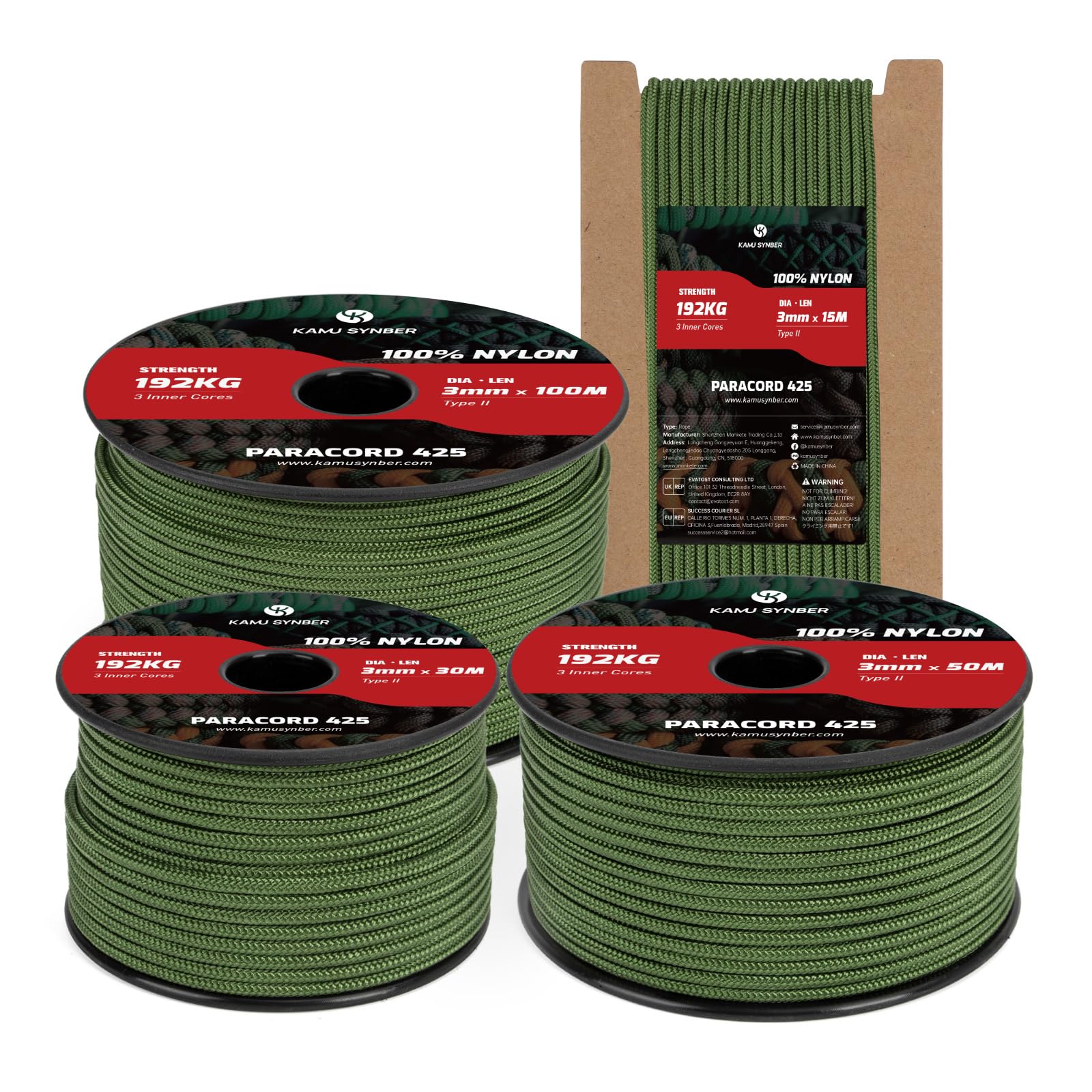 Kamu Synber 425 Paracord 3mm x 15m 100% Nylon Rope 3 Strands Parachute Cord Type II for Outdoor, Crafting, DIY | Support 192kg | Forest Green