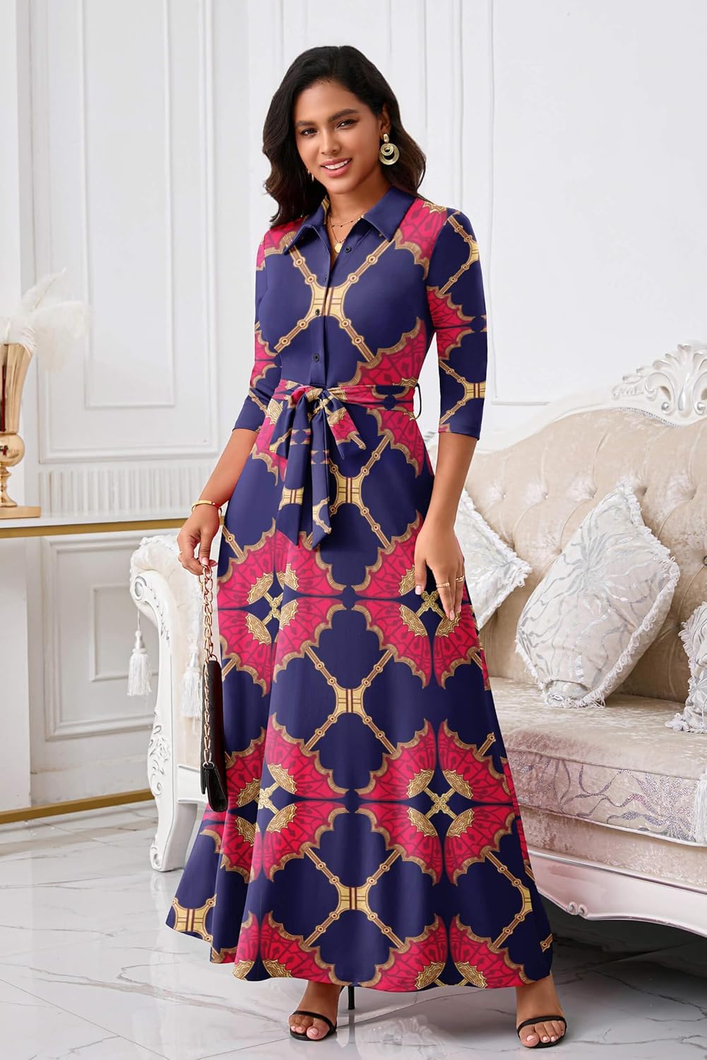 Runwind Women Church Maxi Dresses 3/4 Sleeve Button Down Print Casual Office Dress African - Image 4