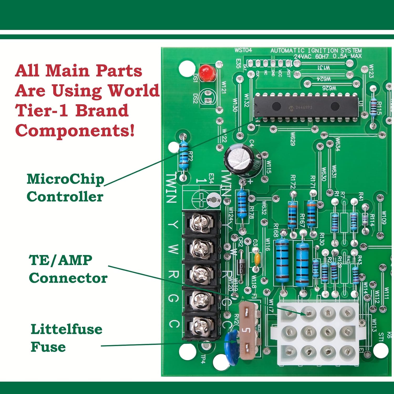 Close-up view of the NEALMART WST04 Furnace Control Board highlighting key components like the MicroChip Controller, TE/AMP Connector, and Littelfuse Fuse.
