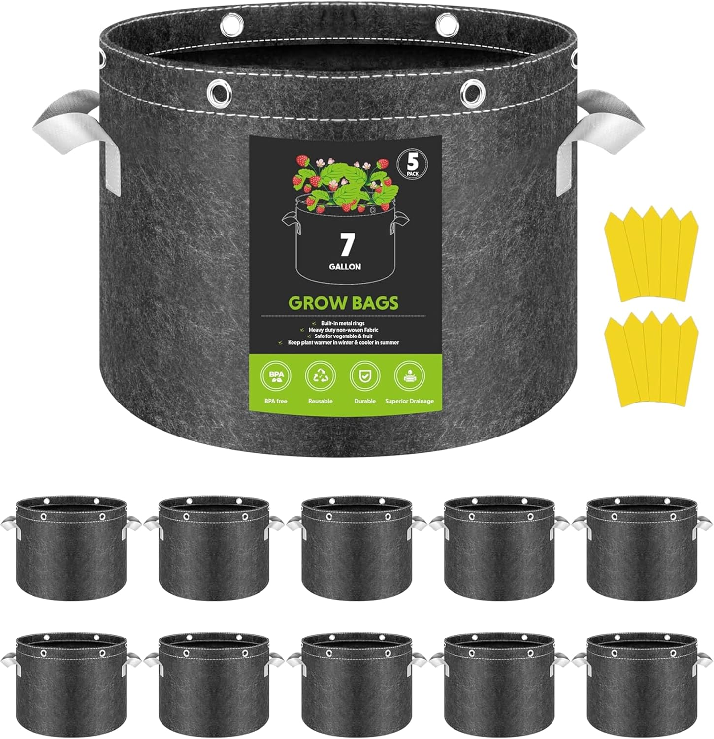 InfiniPower 10 Pack 7 Gallon Plant Grow Bags, 400G Thick Nonwoven Fabric Pots with Multi-Purpose Rings and Handles, Reusable for Low Stress Plant Training Fruits, Vegetables and Flowers