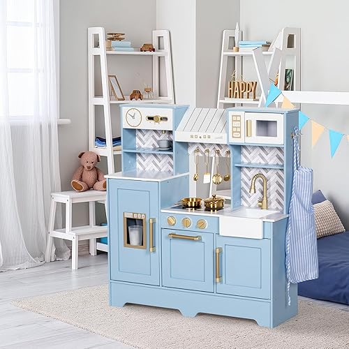 Miniatura 6 de Juego de cocina para niños, juego de cocina de madera para niños con cafetera, horno, estufa, fregadero, delantal, máquina de hielo, utensilios de