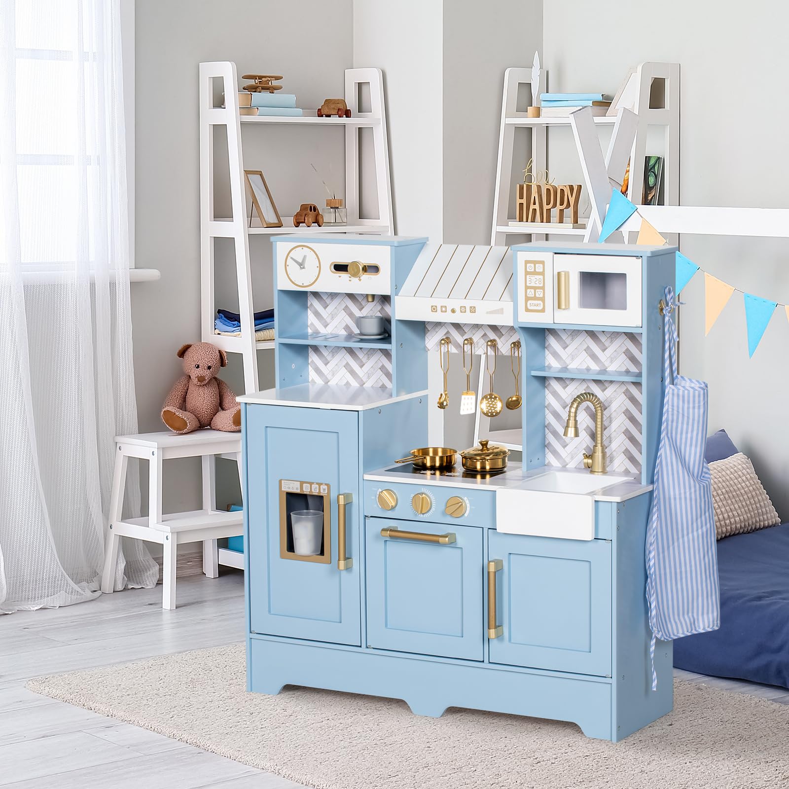 BRINJOY Cucina per bambini, in legno, set da cucina con tende, macchina da caffè, scaffalatura, fornello, lavandino, stoviglie, luce e suono, regalo per ragazze e ragazzi (blu)