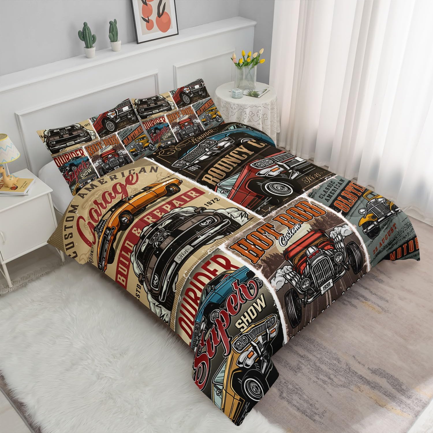 Race Car Comforter Set, Extreme Sport Game Vintage Car Sign Bedding Set with 1 Comforter and 2 Pillowcases for Teens Boys Bedroom All Season(Game Queen)