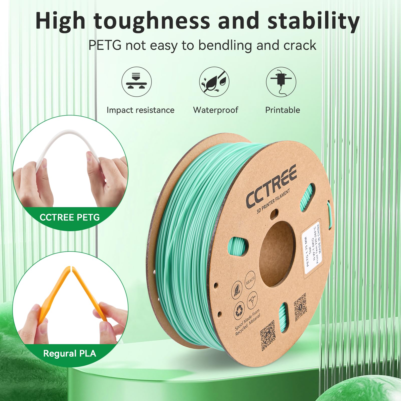 CCTREE PETG Filament 1.75mm, Dimensional Accuracy +/- 0.03mm, 1kg Spool(2.2lbs), Less Stringing Good Layer Adhesion High Toughness 3D Printing Filament, Fit Most 3D Printers, Teal