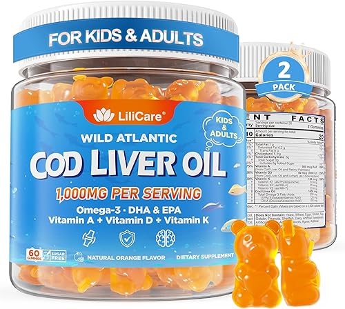 Gomitas de aceite de hígado de bacalao de 1000 mg para niños y adultos, con Omega 3 (EPA y DHA), vitaminas A, D3 y K2, aceite de hígado de bacalao