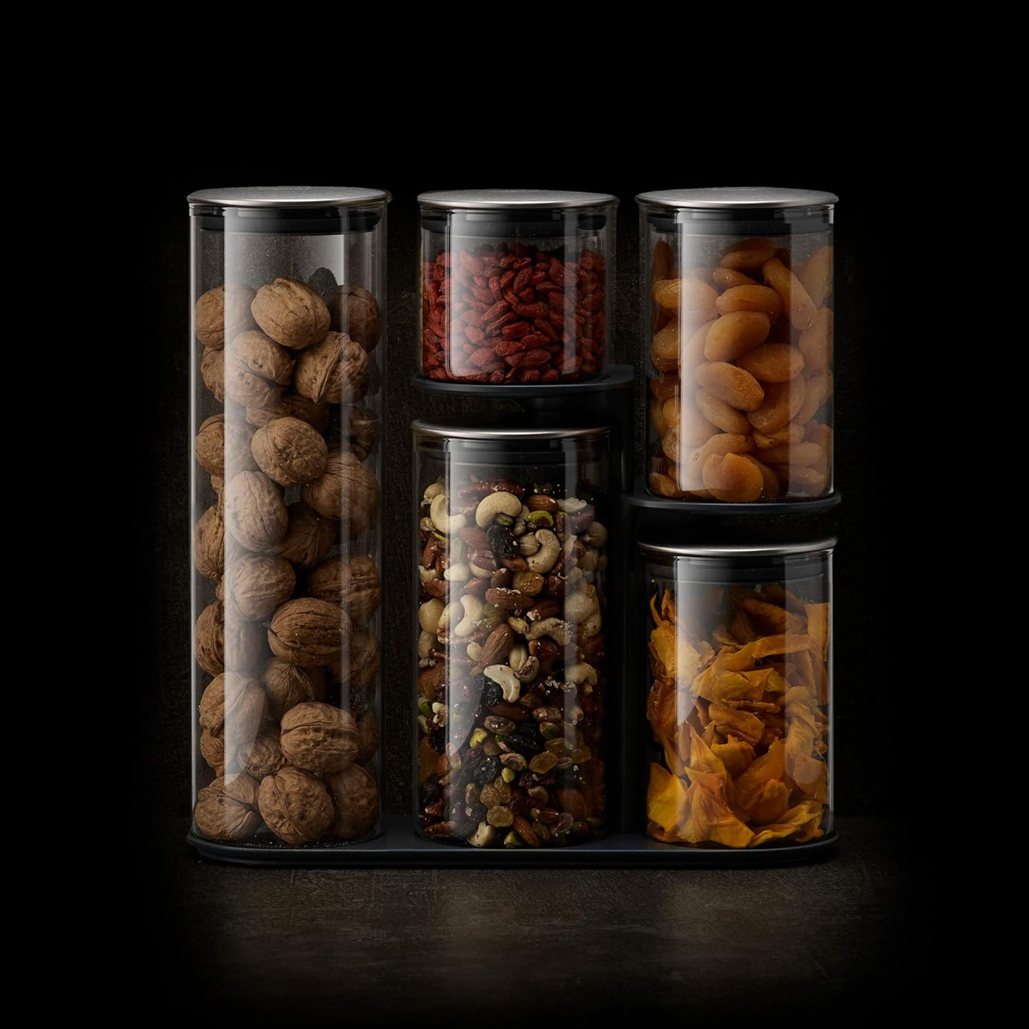 Joseph Joseph Podium 100 Dry Food Storage Container Set with Stand, 5-Piece, Stainless-Steel/Glass: Home & Kitchen