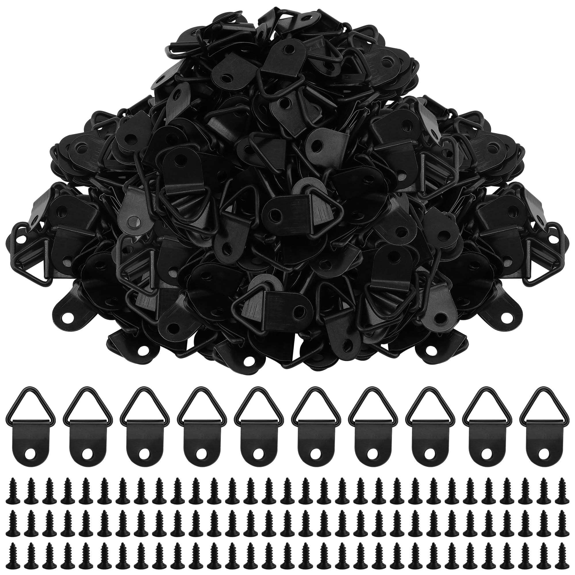 JOIKIT 200 PCS 22 x 14mm Black Triangle Hooks, Small D Ring Picture Hangers with Screws for Photo Frame, Artwork