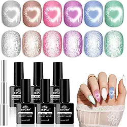 EBANKU Esmalte de gel Cat Eye, conjunto de esmalte de gel magnético de cerâmica de 6 cores com bastão magnético, cristal brilhante, prata, rosa, verde, roxo, cores, esmalte, imerso, unhas, salão, casa