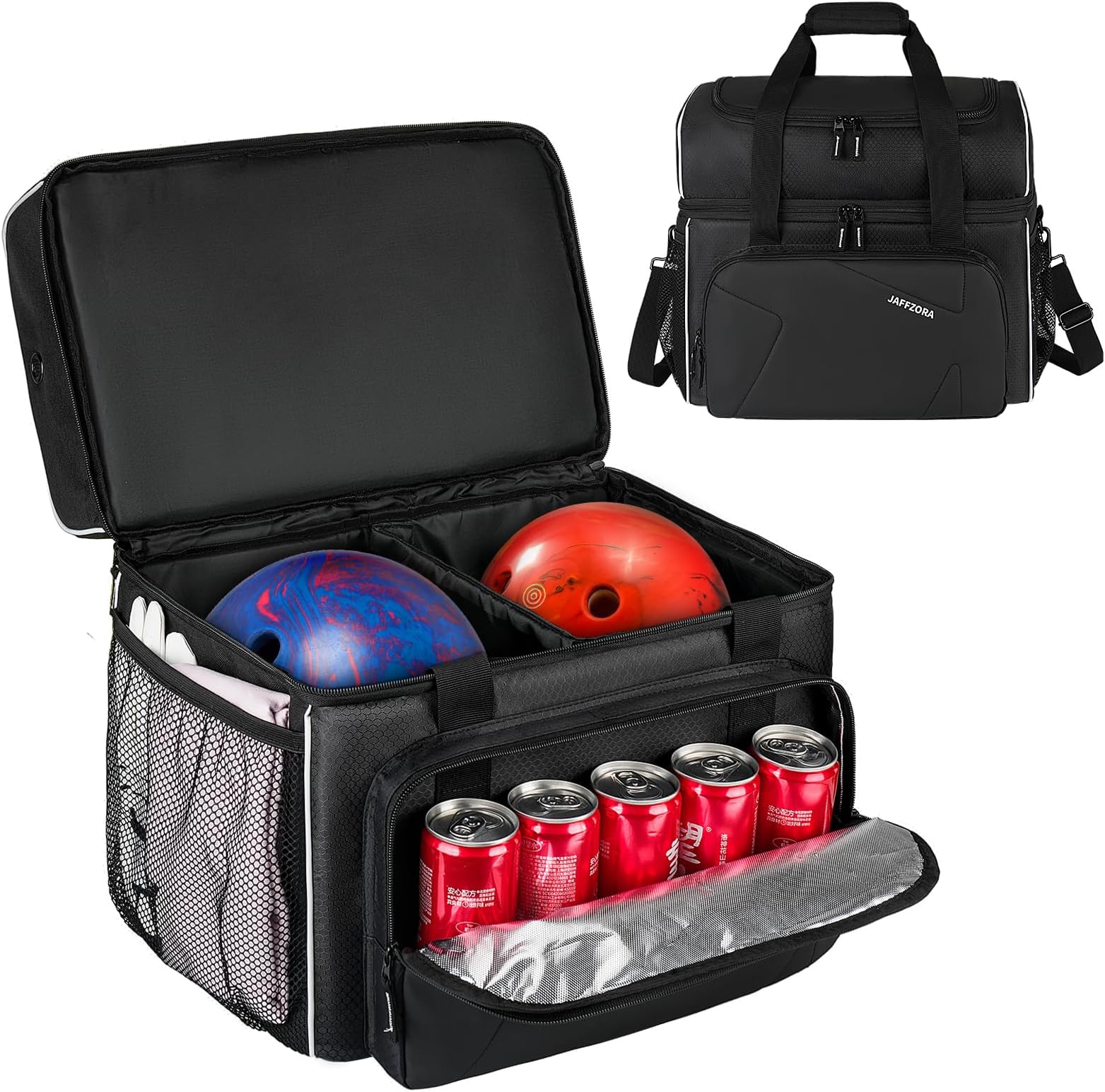 Bowling Bag for 2 Balls With Ball Holder, Fits Single Pair of Shoes Up to Size 16 for Men