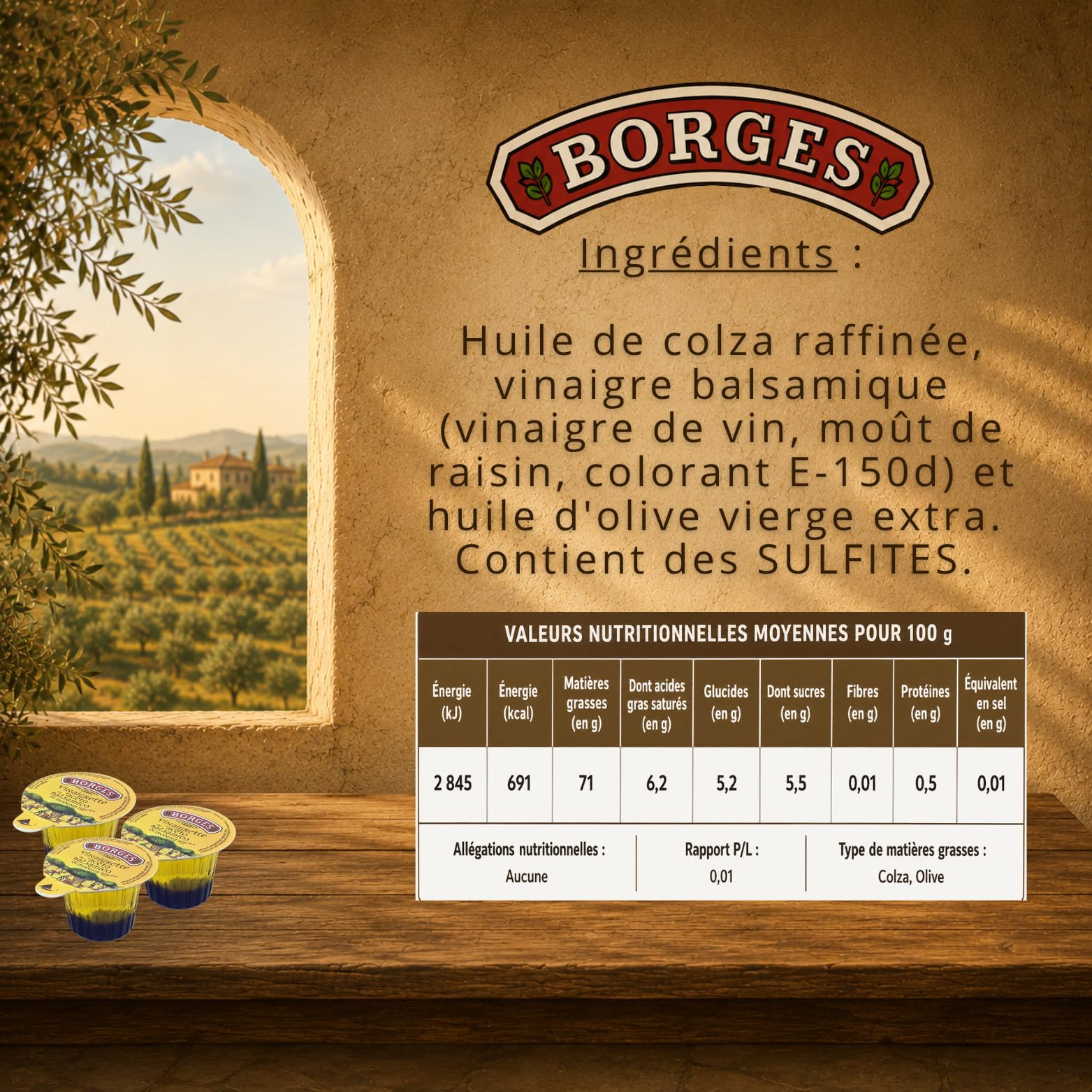 BORGES - 90 coupelles de vinaigrette au vinaigre balsamique - 20 ml | Portions individuelles pratiques - Salade, plateau repas, pique-nique, panier repas - Particuliers et professionnels