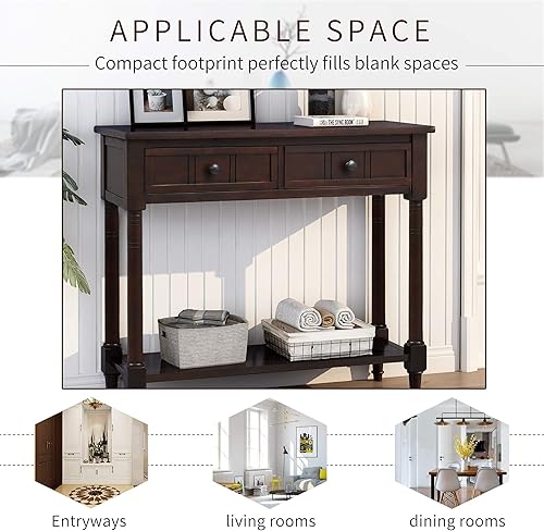Miniatura 3 de Mesa consola  Mesa de sofá de 35 pulgadas con 2 cajones y estante inferior  Mesa de entrada estrecha rústica  Fácil montaje  para sala de estar,